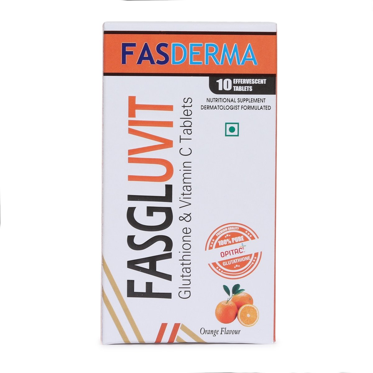 FasGLuvit ( OPITAC ) - Glutathione & Vitamin C Tablets - Effervescent Tablets - Skin Glow - 10 Tablets - Orange Flavour - Fasderma India